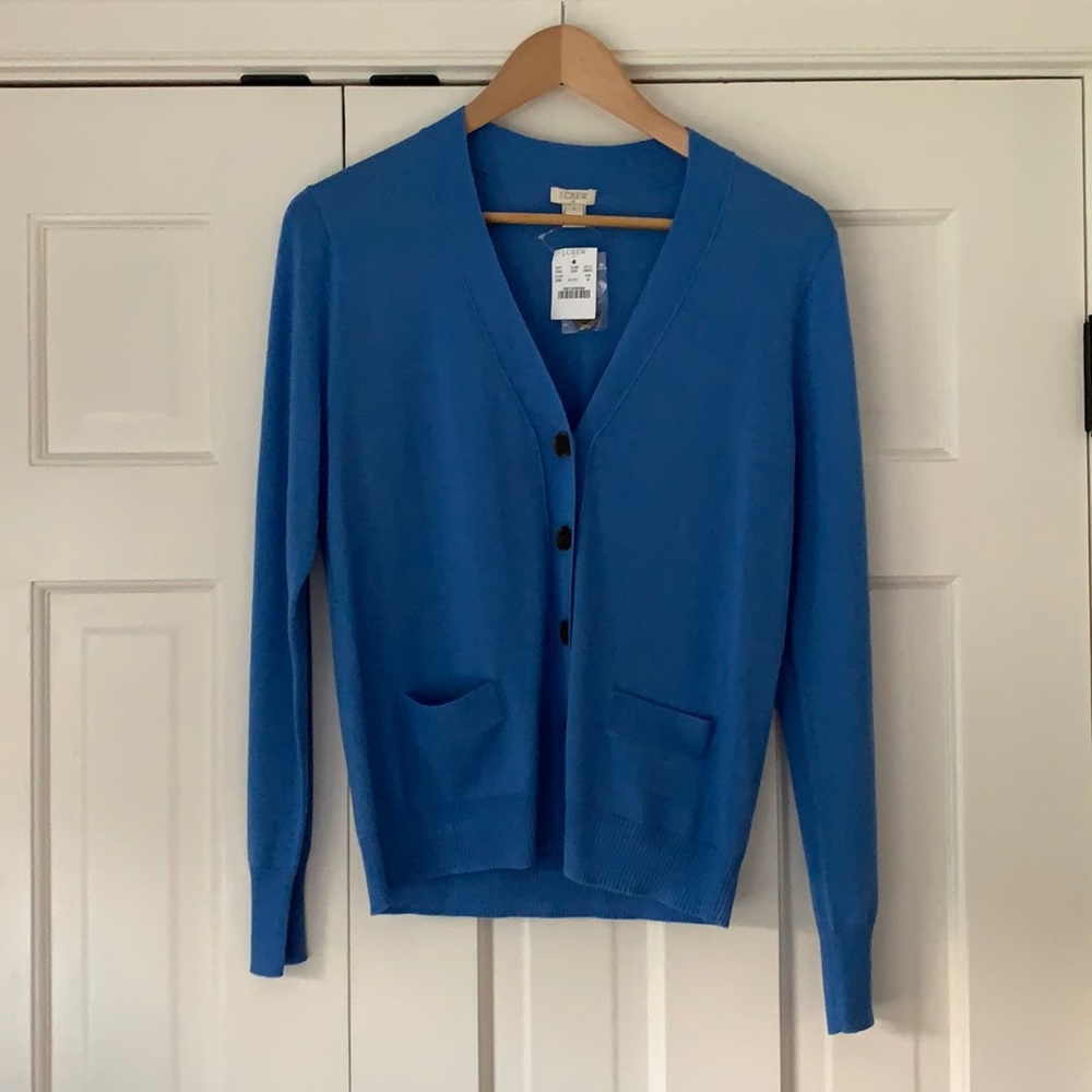 NWT J Crew Royal blue V-neck cardigan sweater in a marino wool blend